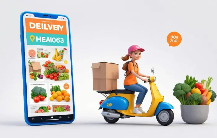 Online Food Ordering Concept Girl on a Bike Delivering Food 3D Artwork Illustration image